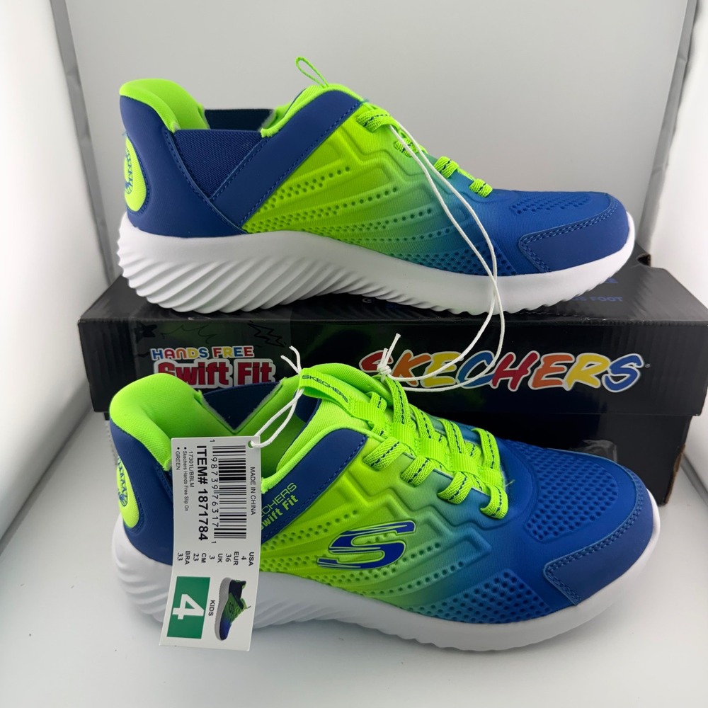 Skechers Swift Fit Sneakers Kids 4 Blue Green New Hands Free Slip On 17301L/BBLM